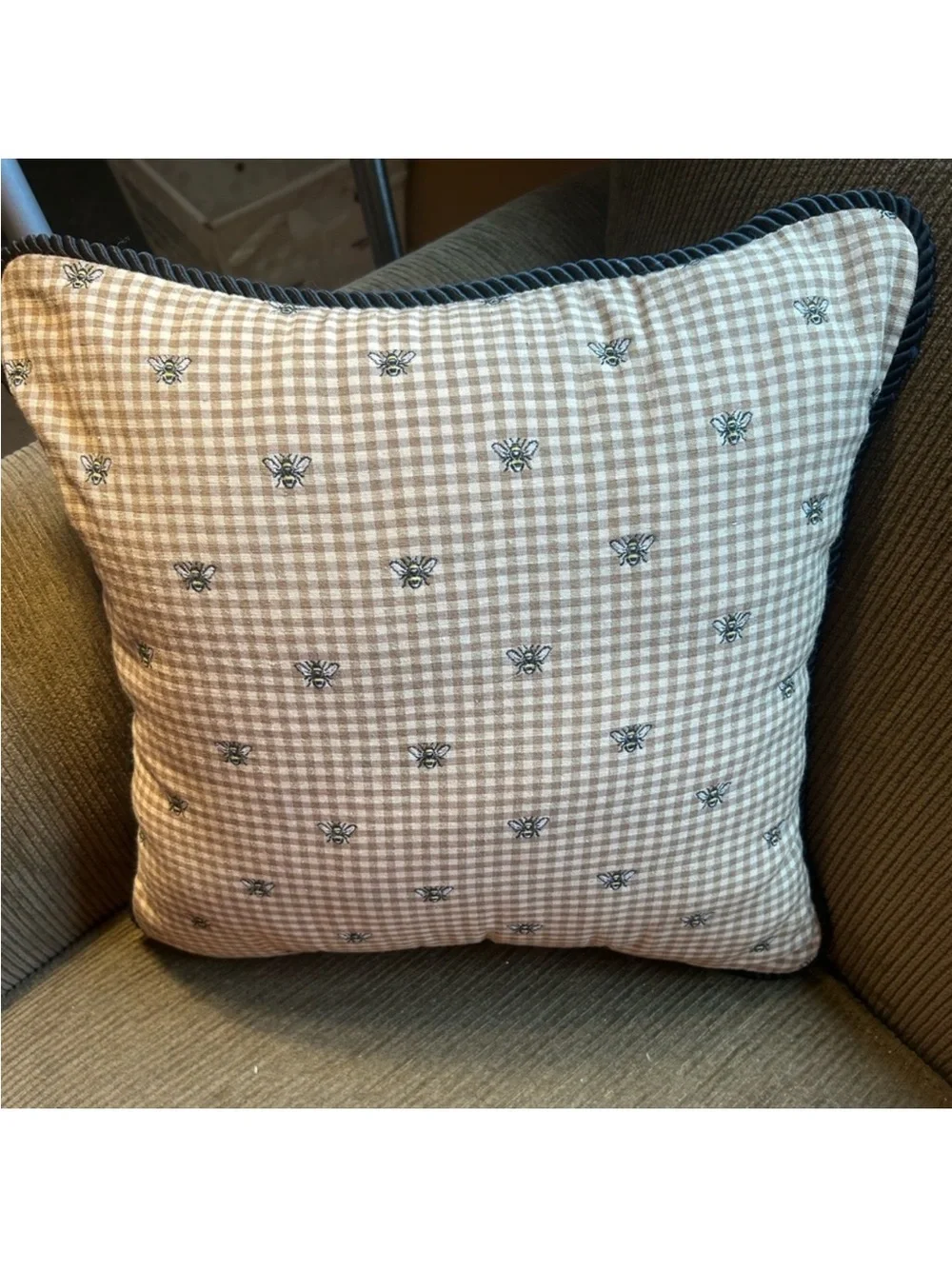 Waverly Beige Gingham Embroidered Accent Pillow with Black Piping